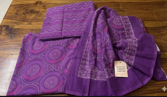Purple Mul Cotton Bandhani 3PC Unstitched Suit Set | RA125 - Design For Destiny