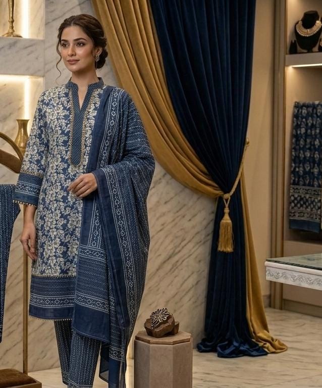 Indigo Blue & White Floral Printed 3PC Cotton Suit | RA127 - Design For Destiny