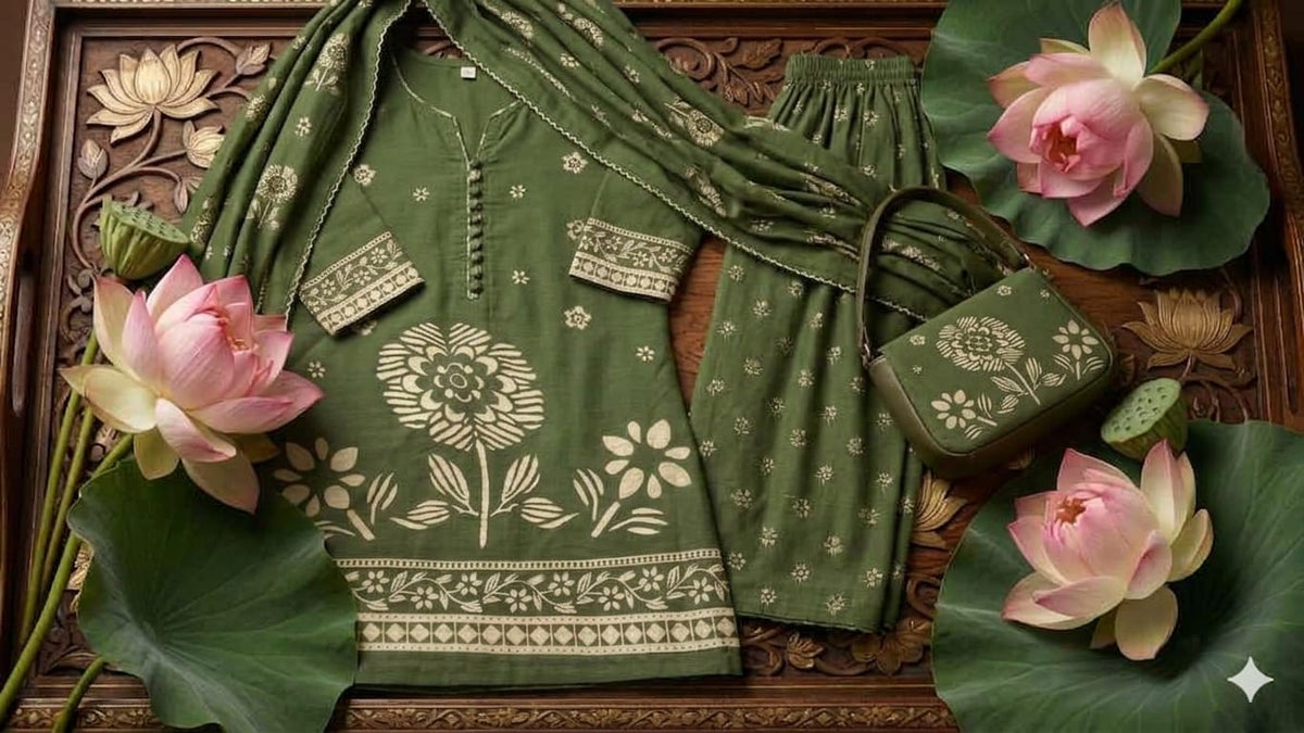 Green Floral Printed Mul Cotton 3PC Suit. - Design For Destiny