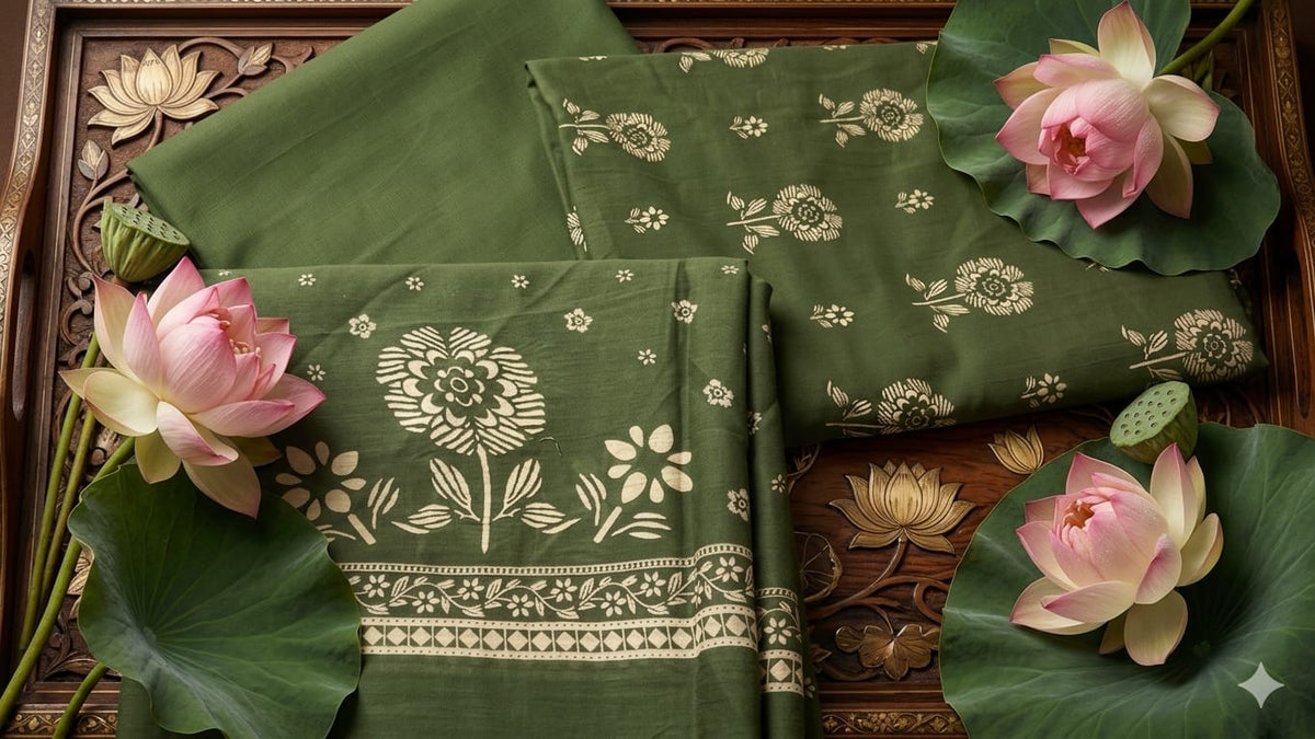Green Floral Printed Mul Cotton 3PC Suit. - Design For Destiny