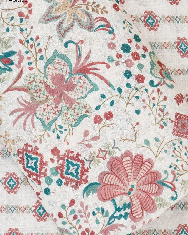White Floral & Abstract Print Cotton Linen Fabric | TU141 - Design For Destiny