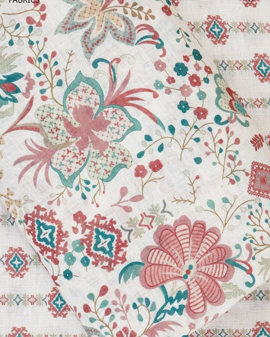 White Floral & Abstract Print Cotton Linen Fabric | TU141 - Design For Destiny