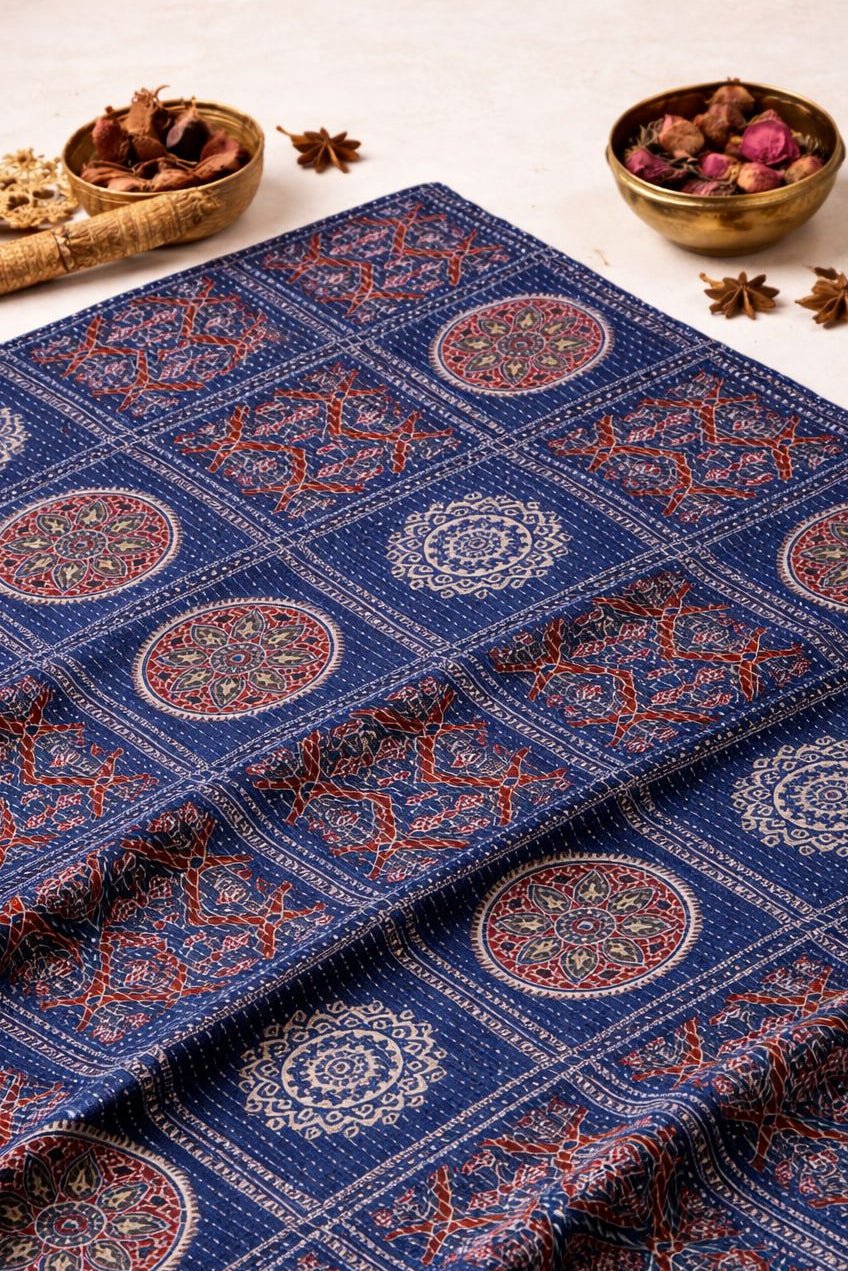 Floral Kantha Cotton Fabric - Blue - Design For Destiny