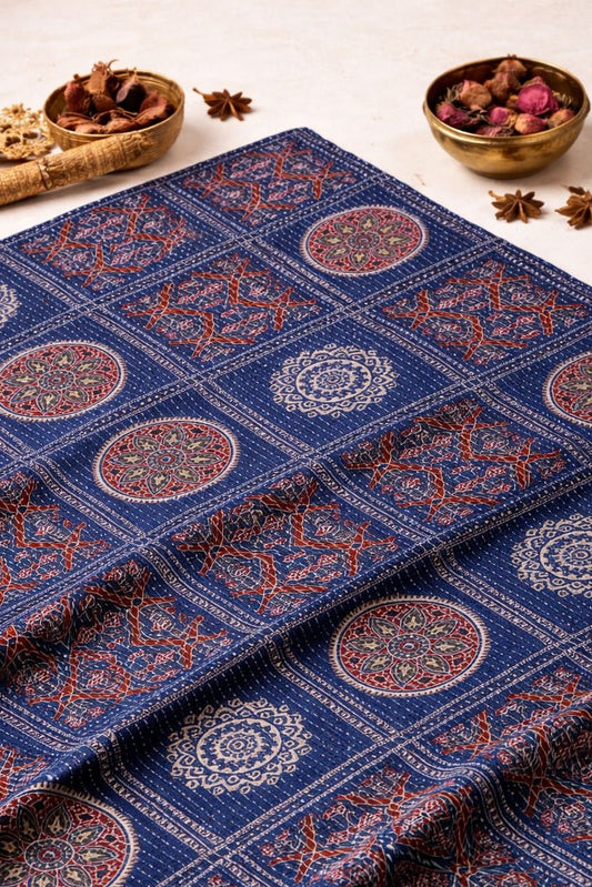 Floral Kantha Cotton Fabric - Blue - Design For Destiny