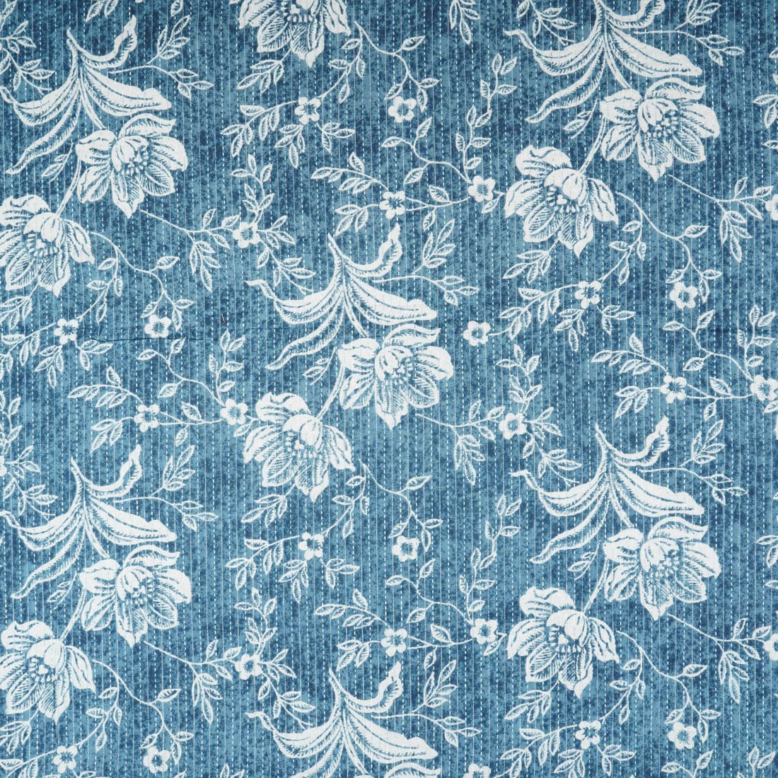 Sky Blue with White Floral Kantha Print Cotton Fabric - Design For Destiny