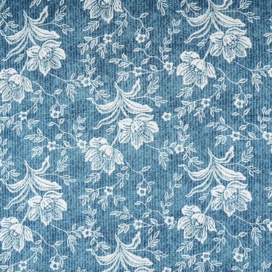 Sky Blue with White Floral Kantha Print Cotton Fabric - Design For Destiny