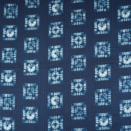 Indigo White Floral Kantha Print Cotton Fabric - Design For Destiny