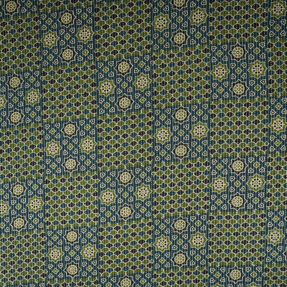 Dark Blue Ajrakh with Kantha Print Cotton Fabric - Design For Destiny