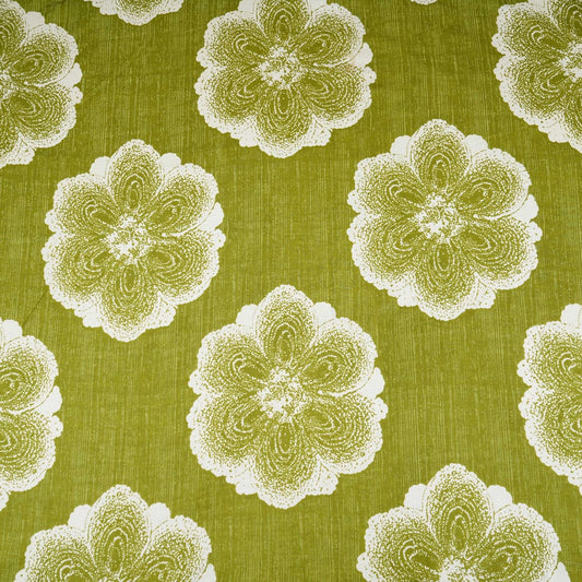 Olive Green & White Floral Applique Print Cotton Fabric - Design For Destiny