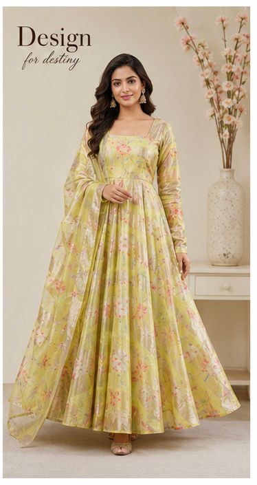 Ligjt Yellow With Golden Stripes Floral Print Organza Tissue Fabric&nbsp; - Design For Destiny