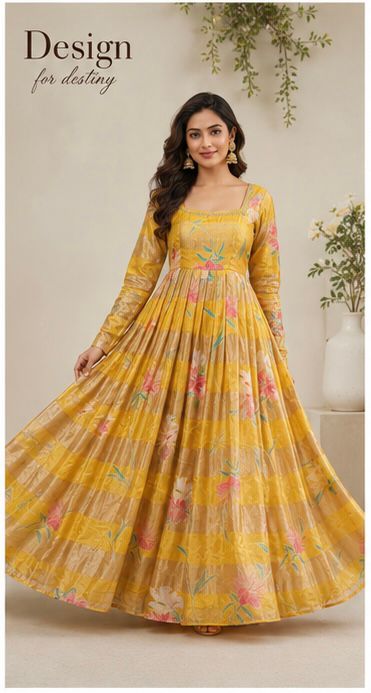 Mustard Yellow With Golden Stripes Floral Print Organza Tissue Fabric - Design For Destiny