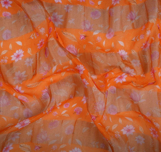 Orange With Golden Stripes Floral Print Organza Tissue Fabric - Design For Destiny