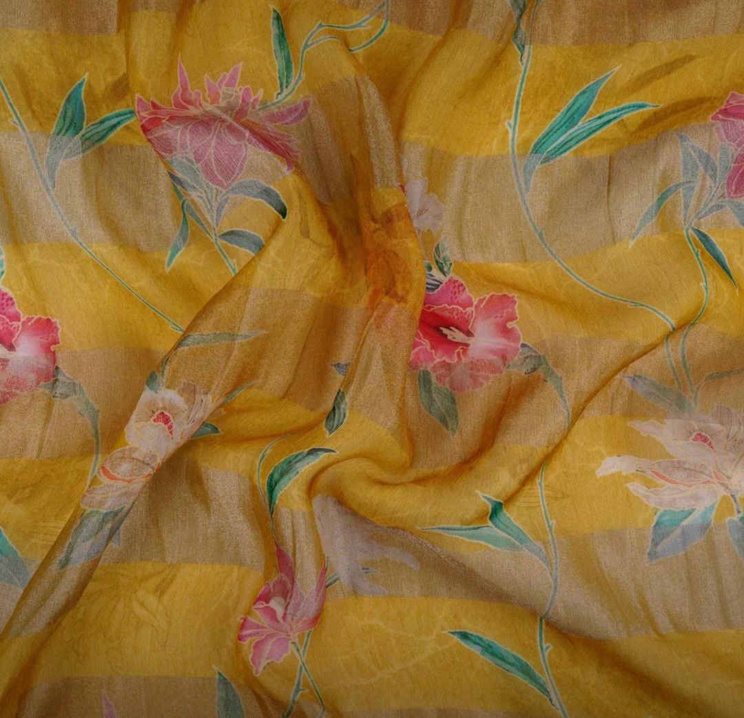 Mustard Yellow With Golden Stripes Floral Print Organza Tissue Fabric - Design For Destiny