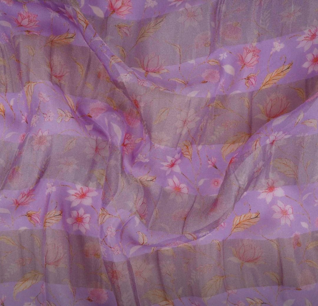 Lavender With Golden Stripes Floral Print Organza Tissue Fabric&nbsp; - Design For Destiny