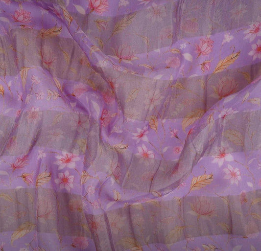 Lavender With Golden Stripes Floral Print Organza Tissue Fabric&nbsp; - Design For Destiny