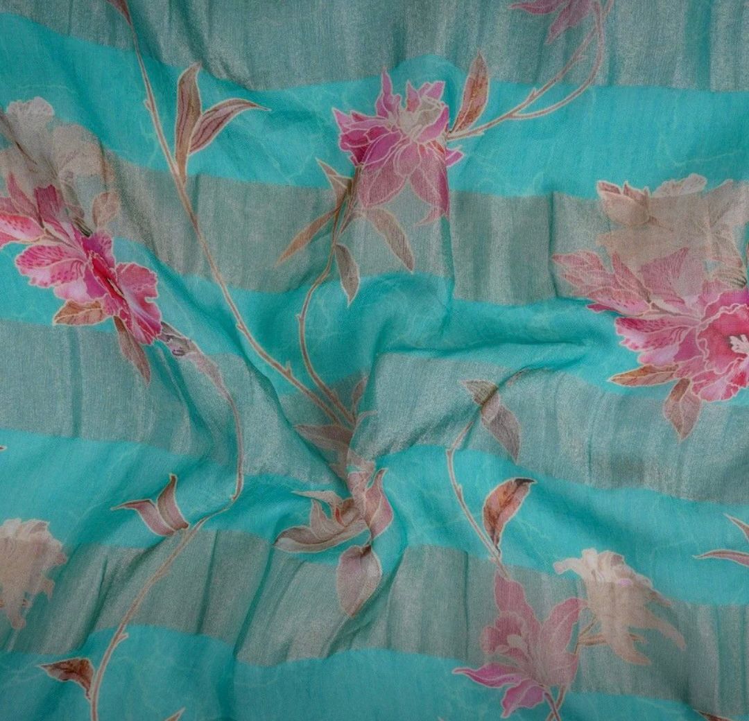 Blue With Golden Stripes Floral Print Organza Tissue Fabric - Design For Destiny