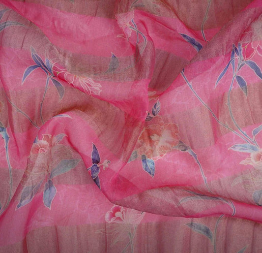Pink With Golden Stripes Floral Print Organza Tissue Fabric - Design For Destiny