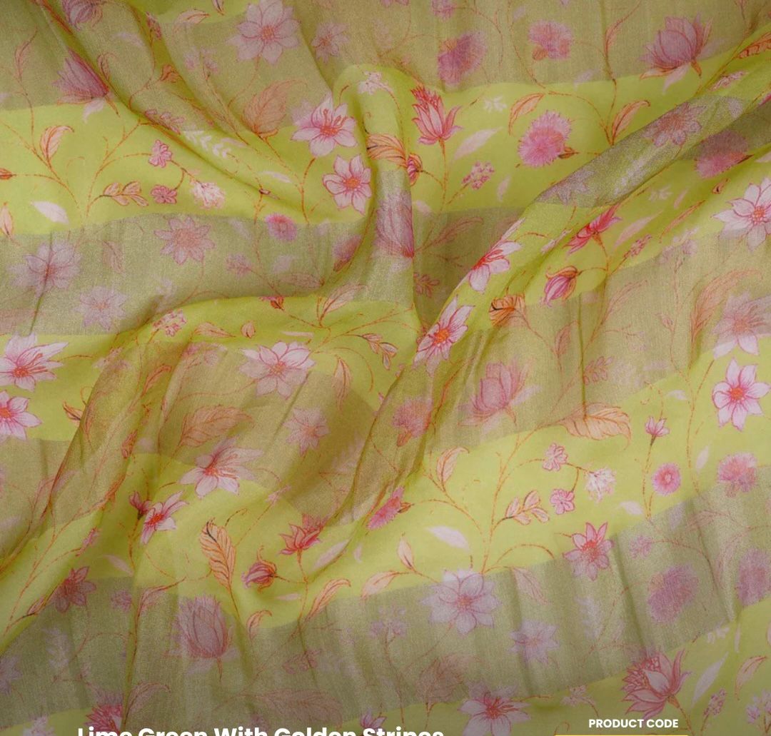 Ligjt Yellow With Golden Stripes Floral Print Organza Tissue Fabric&nbsp; - Design For Destiny