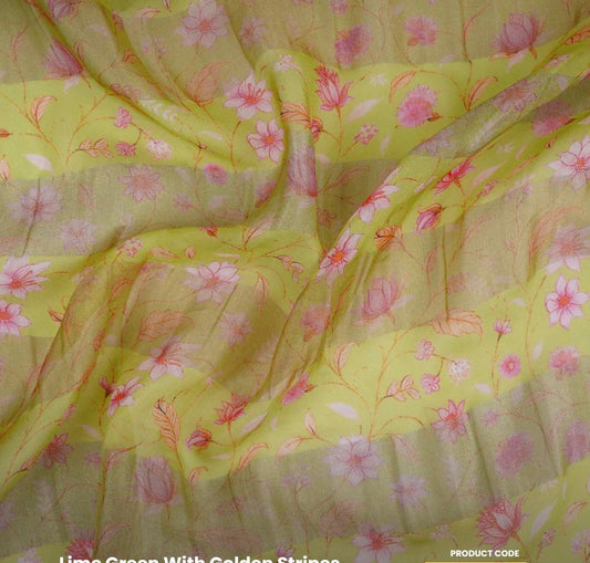 Ligjt Yellow With Golden Stripes Floral Print Organza Tissue Fabric&nbsp; - Design For Destiny