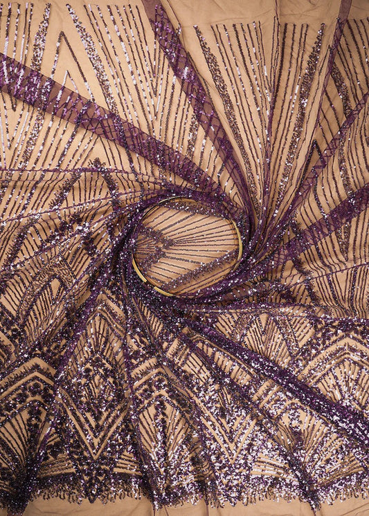 Wine Net Fabric With All Over Sequins And Bead Work With One Side Scalloped Border PG-109 - Design For Destiny