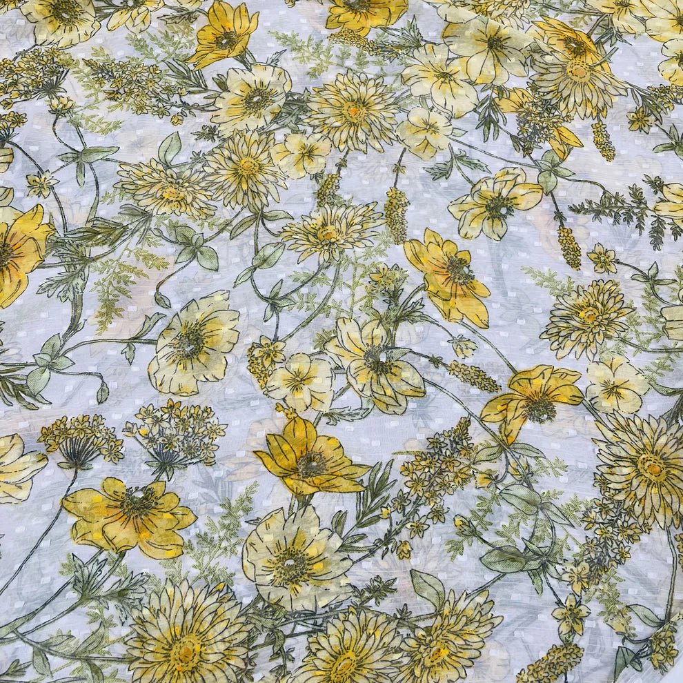 Premium White &amp; Yellow Floral Dobby Print Chiffon Fabric TU-177 - Design For Destiny