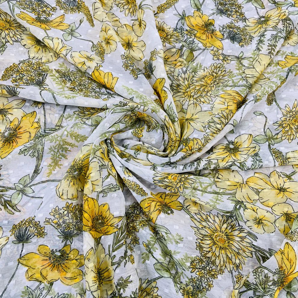 Premium White &amp; Yellow Floral Dobby Print Chiffon Fabric TU-177 - Design For Destiny