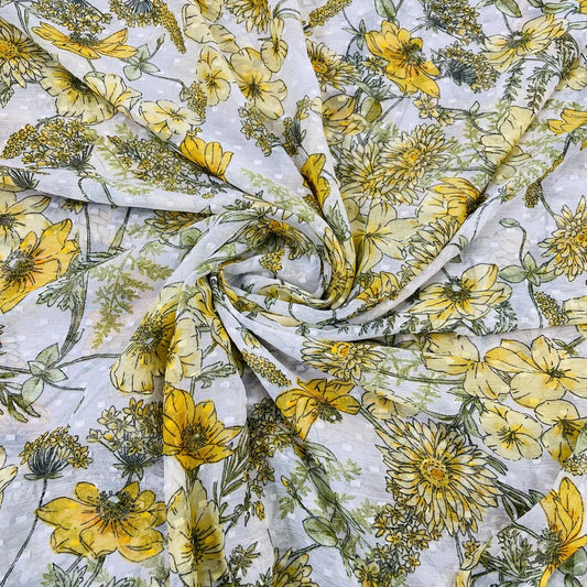 Premium White &amp; Yellow Floral Dobby Print Chiffon Fabric TU-177 - Design For Destiny