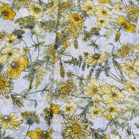 Premium White &amp; Yellow Floral Dobby Print Chiffon Fabric TU-177 - Design For Destiny