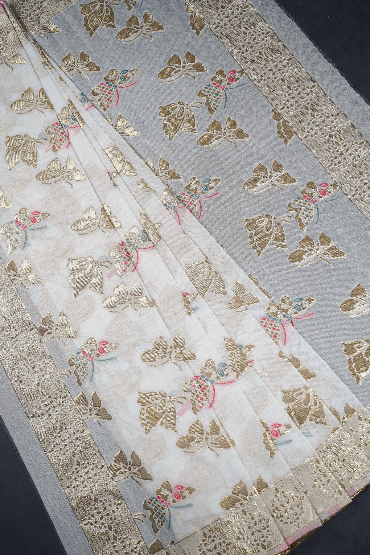 White Chanderi Dupatta With All Over Thread And Zari Handloom PG-112 - Design For Destiny