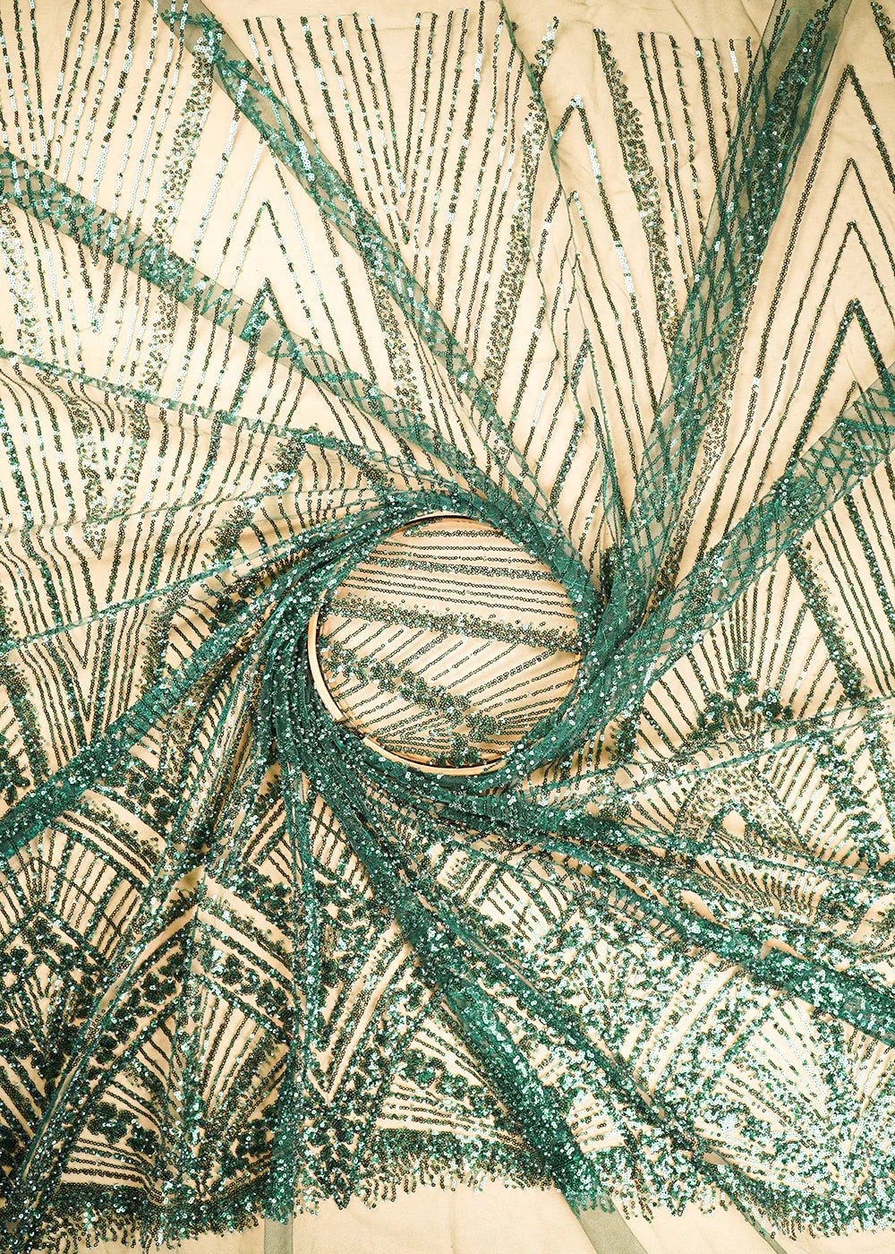 Bottle Green Net Fabric With All Over Sequins And Bead Work With One Side Scalloped Border PG-109 - Design For Destiny