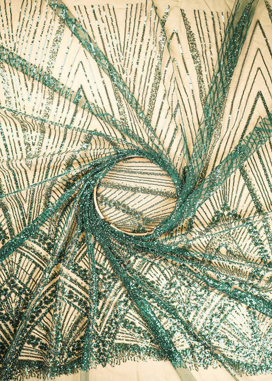 Bottle Green Net Fabric With All Over Sequins And Bead Work With One Side Scalloped Border PG-109 - Design For Destiny