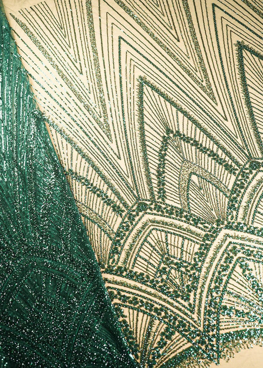 Bottle Green Net Fabric With All Over Sequins And Bead Work With One Side Scalloped Border PG-109 - Design For Destiny