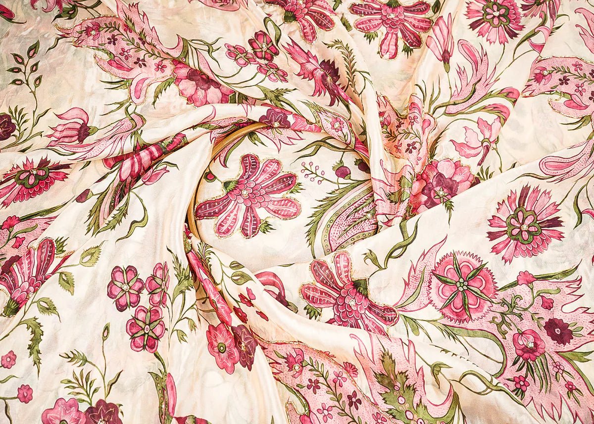 Cream Organza Fabric With All Over Floral Print, Bead And Katdana Work PG-140 - Design For Destiny