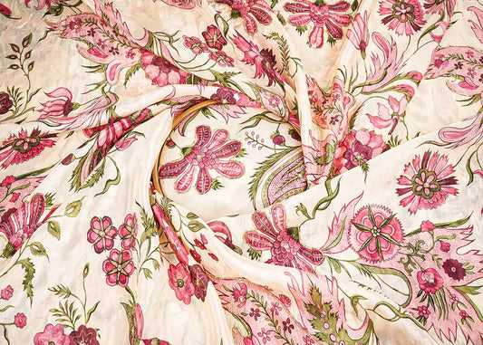 Cream Organza Fabric With All Over Floral Print, Bead And Katdana Work PG-140 - Design For Destiny