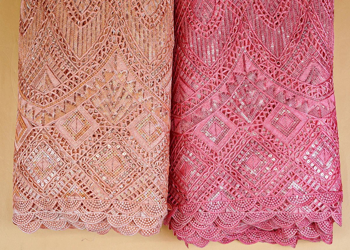 Pink Exquisite Imported Net Fabric with All-Over Cutwork and Sequins PG-108 - Design For Destiny