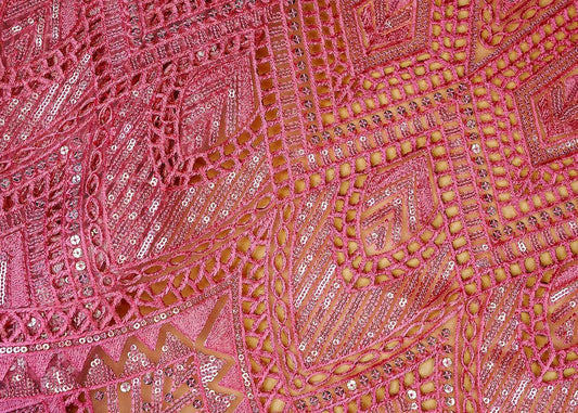 Pink Exquisite Imported Net Fabric with All-Over Cutwork and Sequins PG-108 - Design For Destiny