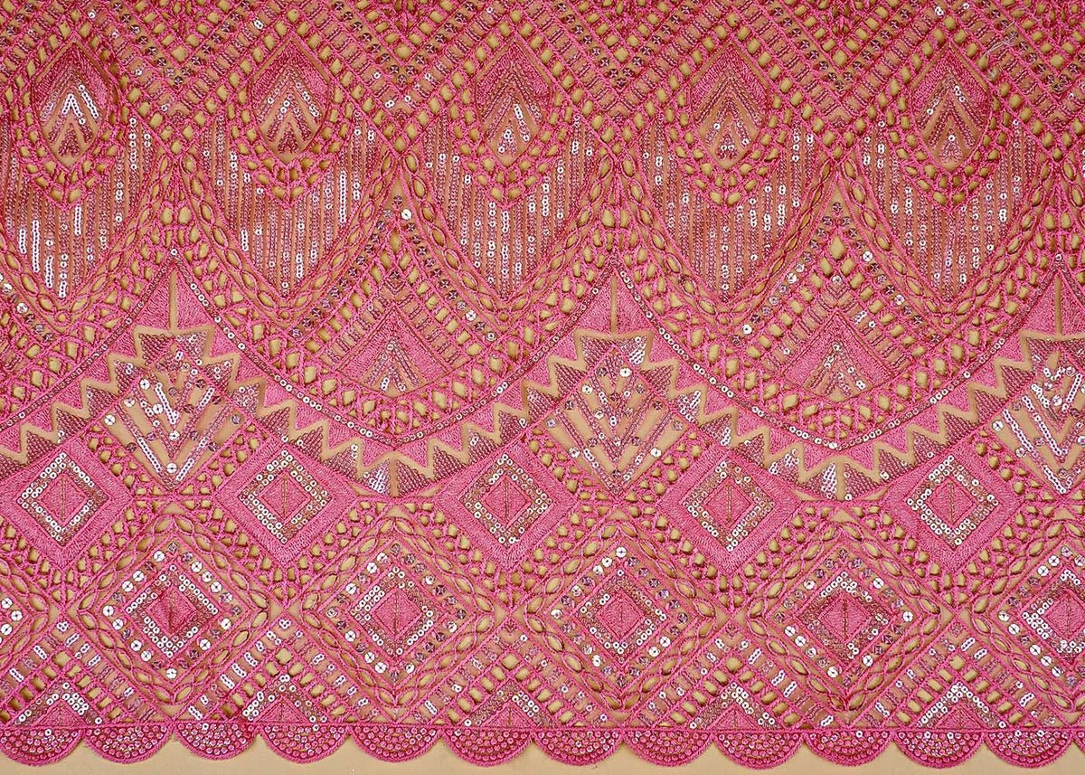 Pink Exquisite Imported Net Fabric with All-Over Cutwork and Sequins PG-108 - Design For Destiny