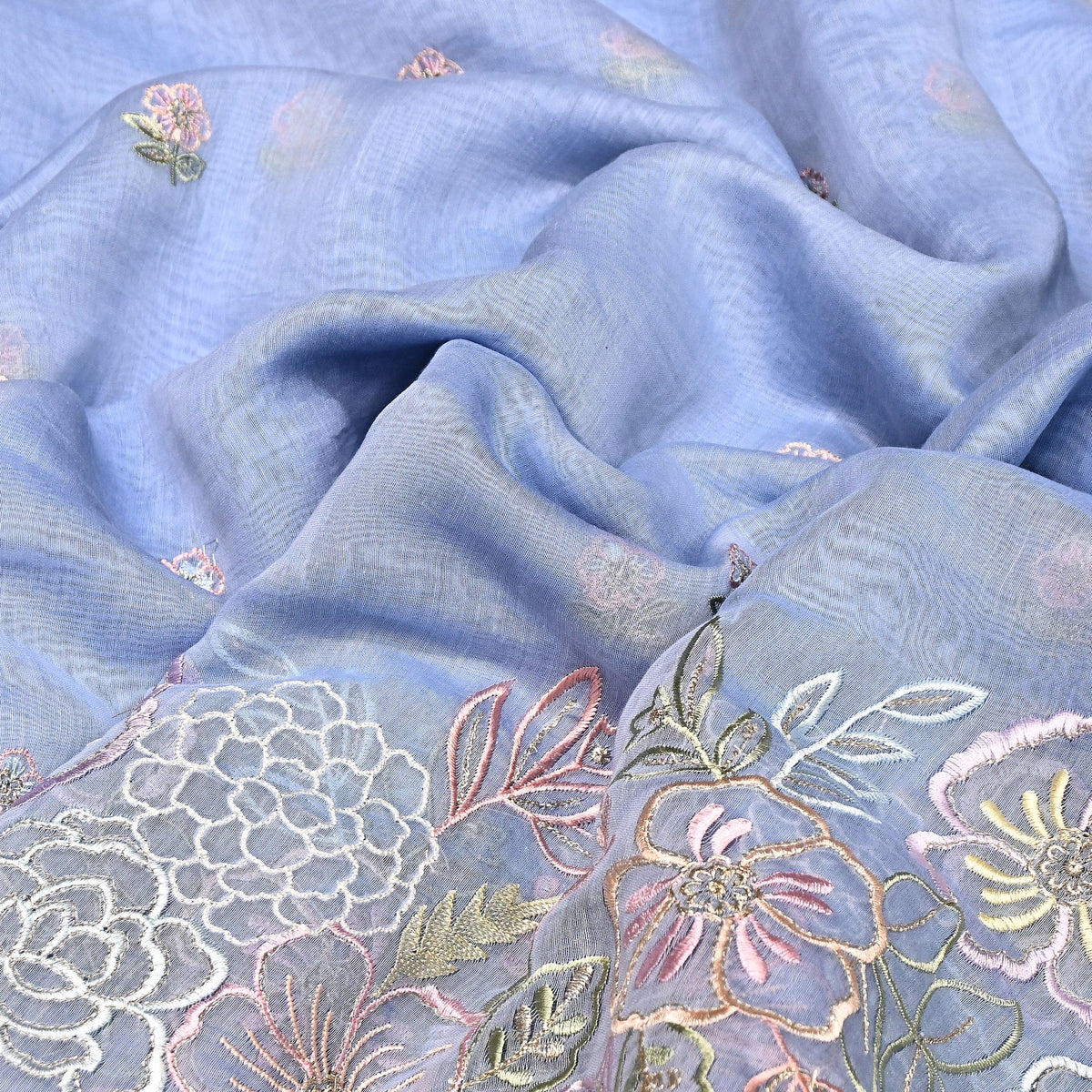 Mul Chanderi Floral Thread & Zari Embroidery Designer Summer Fabric RS-161 - Design For Destiny